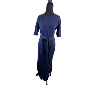 Loft Ribbed Knit Midi Dress Women's XL Navy Bodycon Tie Waist Preppy Stretch